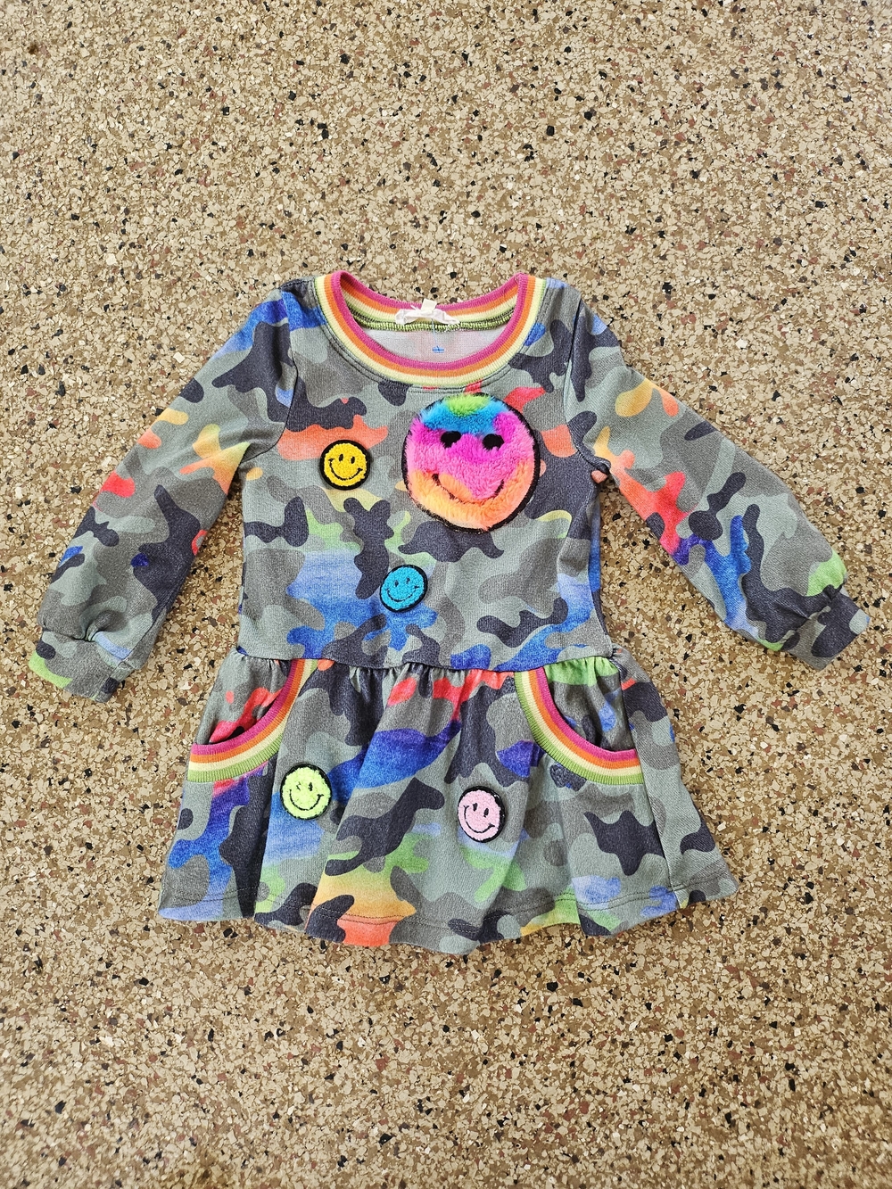 Truly Me Sara Sara Fun Camouflage Print Dress, Vibrant Chenille Smiley Faces 2T